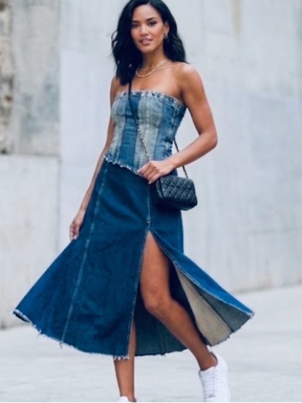 Zara Two-Tone Denim Strapless Corset Midi Dress in Blue